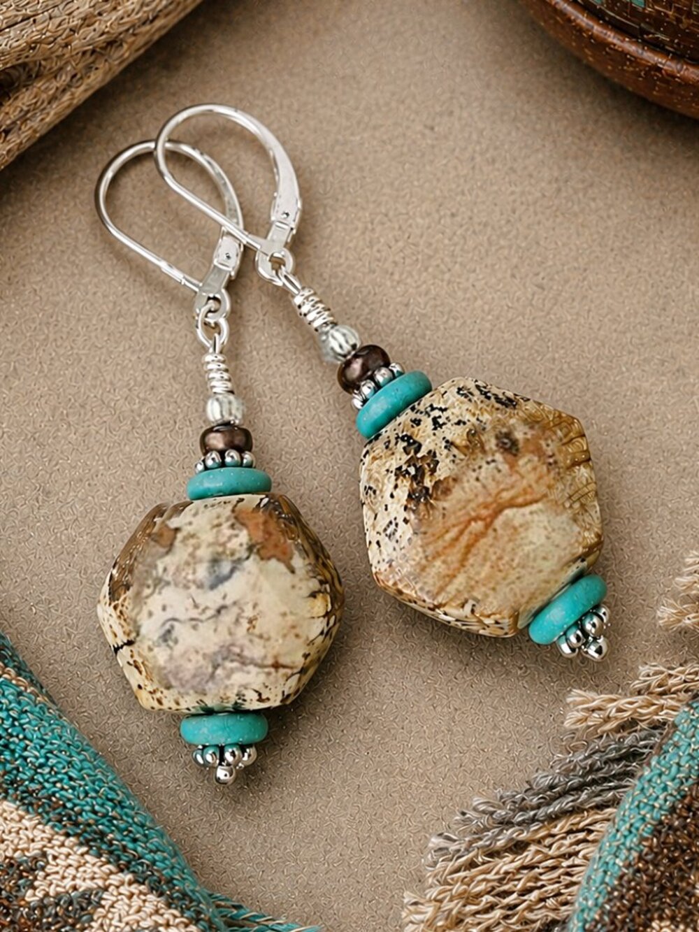 Picture Jasper Dangle Earrings, 925 Sterling Silver, Artisan Handcrafted